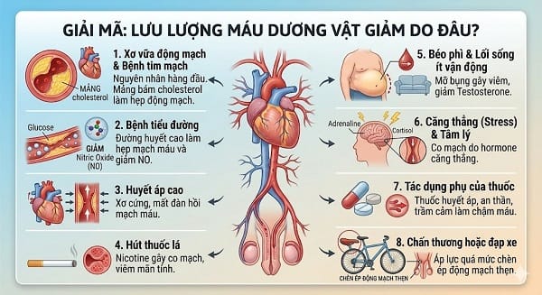 Lưu lượng máu dương vật giảm do đâu?